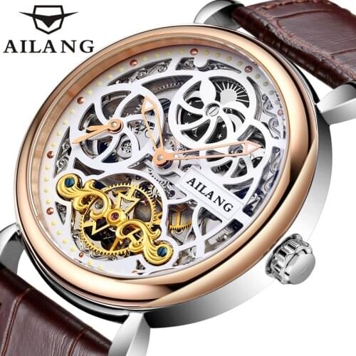 AILANG Men Business Mechanical Moon Phase 12 Hour Pointer Luminous 30M Waterproof Display Automatic Leather Strap Watch 6815A