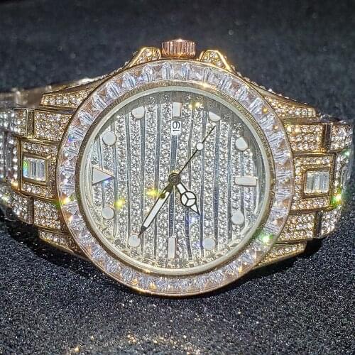 Hip Hop MISSFOX Bling Rose Gold Baguette Diamond Men Iced Top Brand Luxury Steel Navigator Quartz Clock Mens Watch Wristwatches