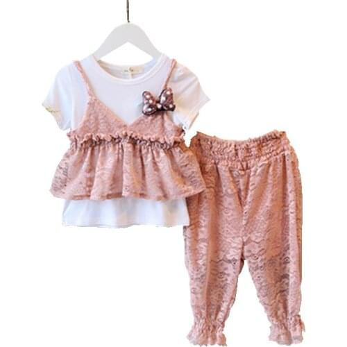 2019 summer Childrens short-sleeved white T-shirt lace pants suit