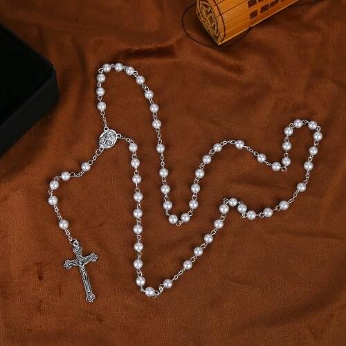 Virgin Mary Triangle Pearl Rosary Cross Necklace Catholic Christian Wedding Prayer Beads