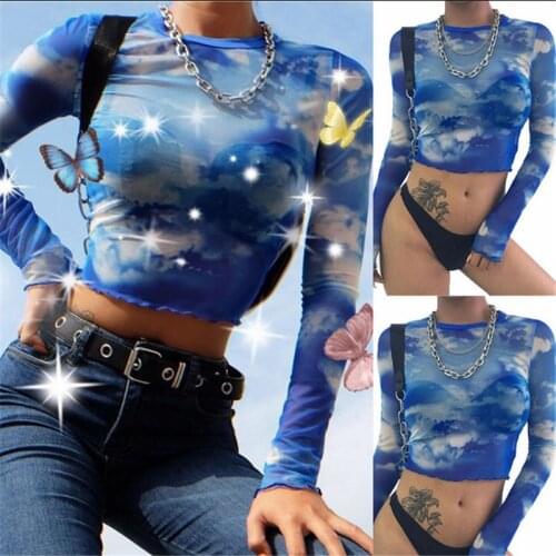 Hirigin Summer Women Casual Long Sleeve O Neck Transparent Mesh Sheer Crop Top T-Shirt Tee Tops