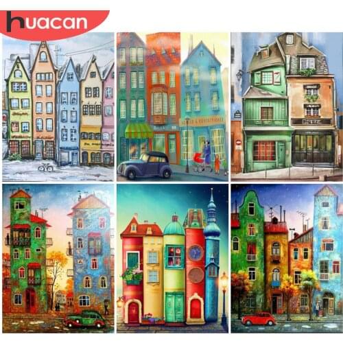 HUACAN 5D Diamond Painting Building Full Drill Diamond Mosaic Cartooon City Embroidery Rhinestones Picture Handmade Gift