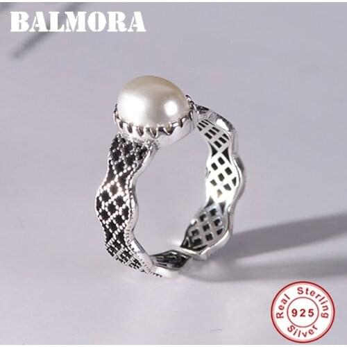 BALMORA Real 925 Sterling Silver Romantic Weaving Pearl Open Stacking Ring for Women Lady Simple Elegant Fashion Jewelry Anillos