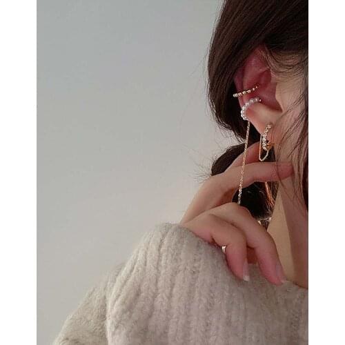 Fashion Asymmetry Pearl Circle Earrings Tassel Chain Clip on Ear Cuff Earrings Fake Piercing Multi-layer Earcuff Trend Jewelry