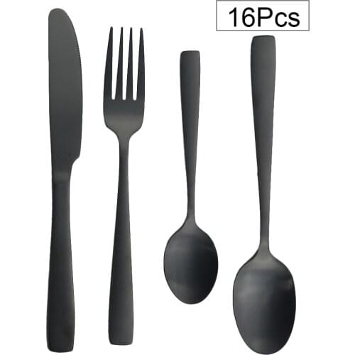 16Pcs Black Matte Tableware Set Stainless Steel Flatware Dinnerware Set Knife Fork Spoon Silverware Set Dessert Cutlery Kitchen