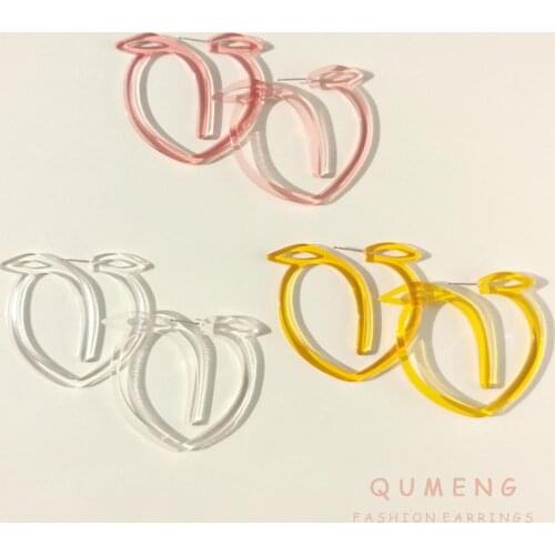 QUMENG 2020 new Korean Fashion Fruit hoop Earrings transparent Peach Acrylic Earrings For Women lovely girl outdoor Jewelry