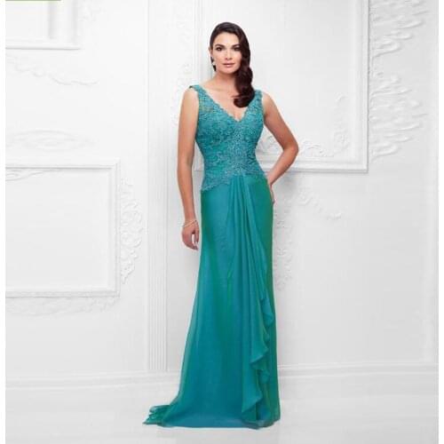Gorgeous Teal Lace Sleeveless Plunge V Neck Mother of the Bride Dresses Back Out Wedding Party Gowns 2020 New