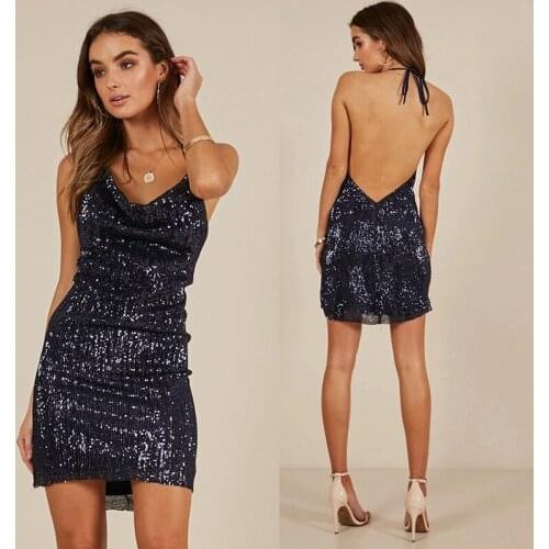 Sexy Womens Dark Blue Sequins Dress New Sexy V-Neck Backless Women Sundress Luxury Party Club Wear Mini Sequined Dress Vestidos
