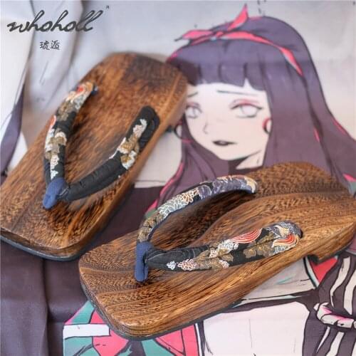 WHOHOLL Man Women Flat Slippers Summer Flip Flops Japanese Wood Clogs Shoes Samurai Geta Cosplay Shoes Ninja Jiraiya Slides