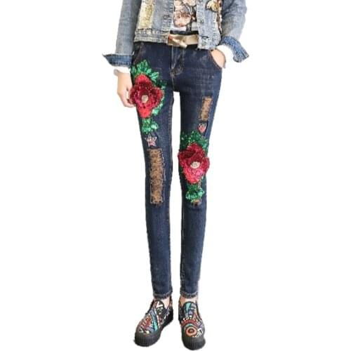 DANCING WINGS European Fashion Slim Denim Pants Vintage Red Roses Sequins Women Ripped Hole Skinny Pencil Jeans Trousers