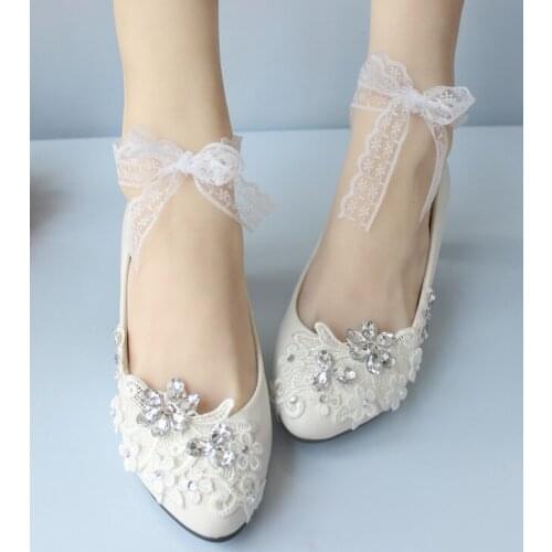 White lace wedding shoes women fashion new design ankle lace belt brides party bridesmaid dress shoes