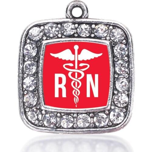 REGISTERED NURSE SQUARE CHARM ANTIQUE SILVER PLATED CRYSTAL JEWELRY
