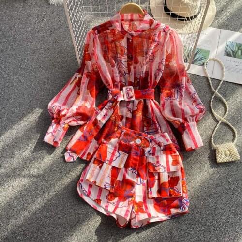 Ladies Temperament Suit Lantern Sleeve Stand Up Collar Slim Printed Shirt Female High Waist Wide Leg Shorts Two Piece Set zh888