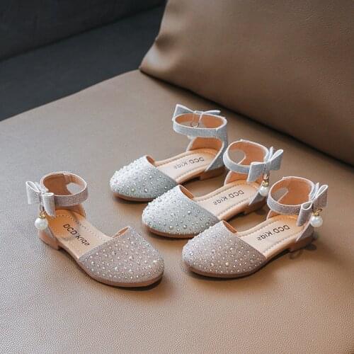 Gold Sliver Childrens Kids princess shoes bowknot Rhinestones Baby Girls shoes Kids Sandals Dance Wedding Party Shoes 3-14T