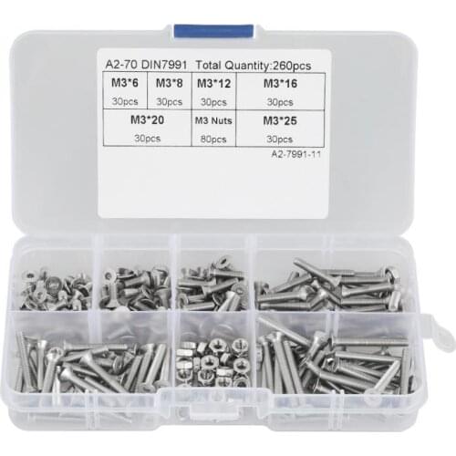 260pcs Hex Socket Bolts M3 Bolts And Nuts 304 Stainless Steel Hex Socket Flat Head Screw Bicycle Hex Bolts Nut Screw Kit