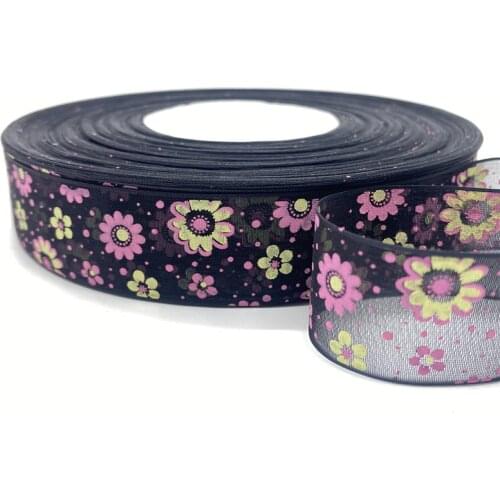 5Yards /Roll 25mm Printing Flower Organza Ribbons For Flower Gift Packing Wedding Decoration DIY Garment Accessories #08
