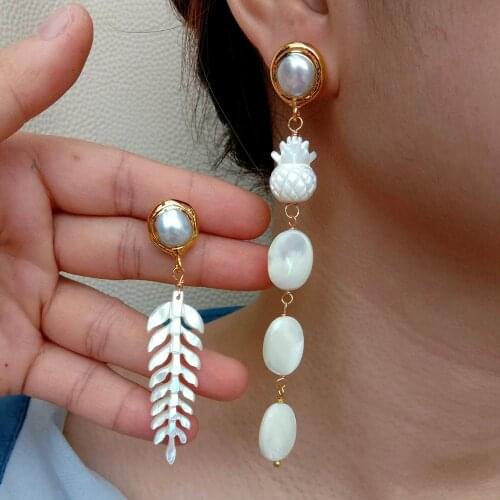 YYGEM Natural White Shell Carved Leaf Pineapple Asymmetric Dangle Hook Earrings