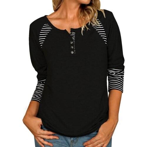 Blouses Women Striped Patchwork Casual Blouse Buttons Neck Autumn Long Sleeve O-Neck Pullover Top femme blouses et chemises