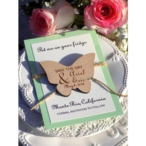 Personalize names date engraved Wooden Card save the date Wedding invitations Magnets, Custom Butterfly Wood Magnet