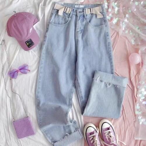 2021 New ins love embroidered jeans spring and autumn trend new female Korean female student high waist loose straight leg