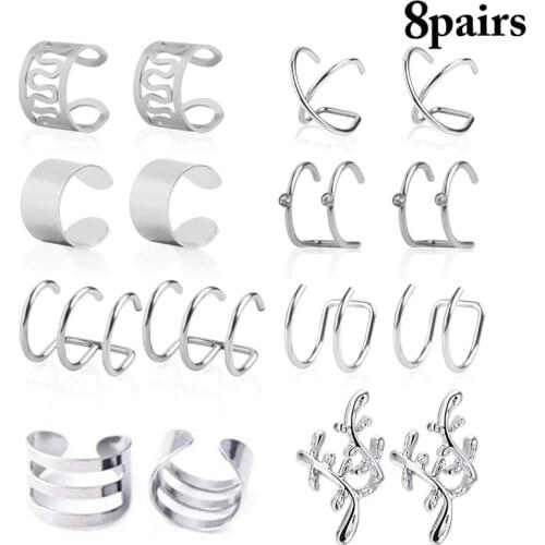 8 Pairs 2020 Fashion Gold Color Ear Cuffs Clip Earrings for Women Climbers No Piercing Fake Cartilage Earring
