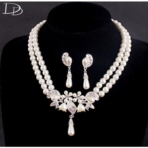 DODO Elegant Simulated Pearl Jewelry Sets Ladies Necklace Drop Earrings Set AAA Zircon Wedding Accessories Silver Color HD009