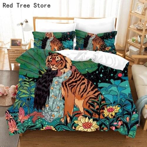 Tiger and Little Girl Animal Pattern Bedding Set 2/3PCS Home Bedclothes Super King Size Duvet Cover Pillowcase Comforter Textile