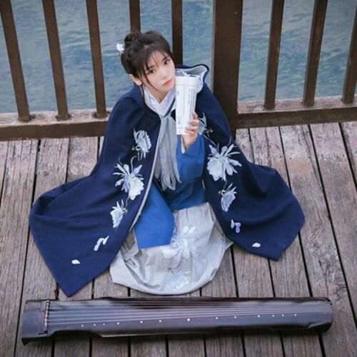 Night-blooming Cereus Beautiful Womens Winter Chinese Style Vintage Dress Fine Embroidery Hanfu Long Dress 3PCS Set Warm Cape