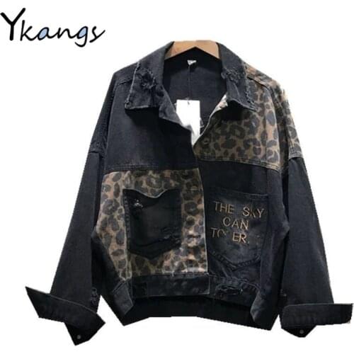 Harajuku Hip Hop Leopard print Punk Jean Jacket 2020 Autumn Women Vintage Denim Coat Korean Streetwear Black Outwear pocket