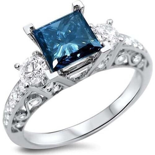 Fashion Hollow Out Blue Square Crystal Rhinestone Women Rings with Shiny AAA Cubic Zircon Elegant Engagement Bridal Jewelry