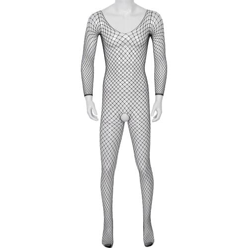 Mens See Through Sheer Exotic Teddies Long Sleeves Crotchless Big Fishnet Stretchy Tights Full Body Pantyhose Sissy Stocking