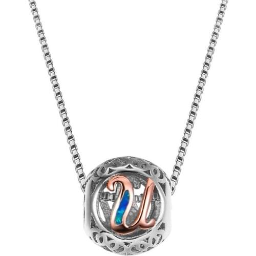 Classic Two Tone Letter U Pendant Necklaces For Women 925 Sterling Silver White Blue Opal Necklace Rose Gold Birthstone Necklace