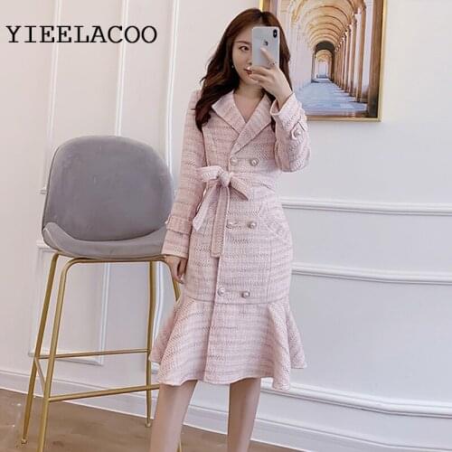 Tweed jacket women pink autumn new coat strap long fishtail ladies coatslim one-piece coat jacket lapel Double-breasted