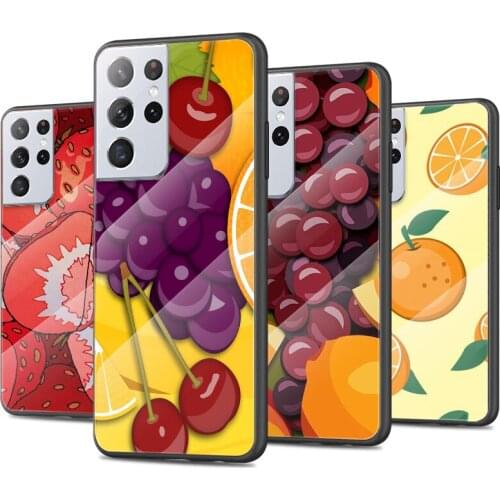 Tempered Glass Hot Now Luxury Cover Fruit cartoon For Samsung Galaxy S21 Ultra Plus 5G Shockproof Shell Phone Case
