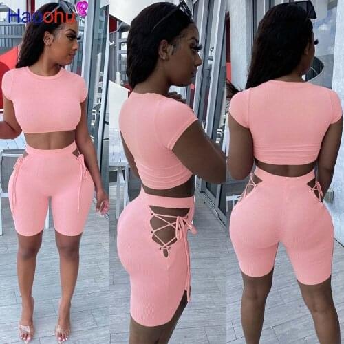 Casual Ribbed 2 Two Piece Set Women Knitted Suit Pink Summer Outfits Crop Top 2 Piece Biker Shorts Set Women Matching Sets