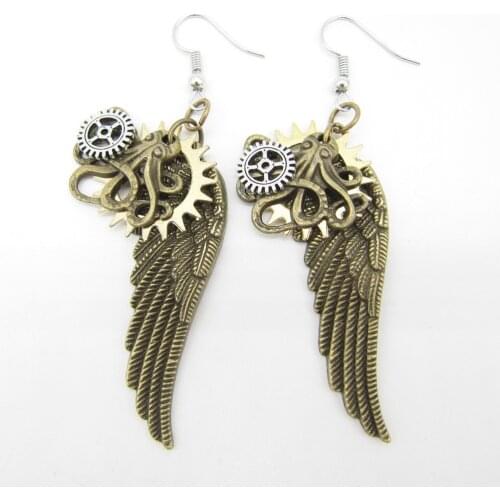 2018 New Original Design Brass Ox Octopus and Wings Vintage Steampunk Charm Earring Fashion Jewelry