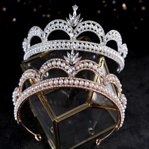 Baroque Pearl Wedding Crown Bridal Headpiece Woman Rhinestone Crystal Tiaras Bride Party Crowns Headbands Hair Accessories