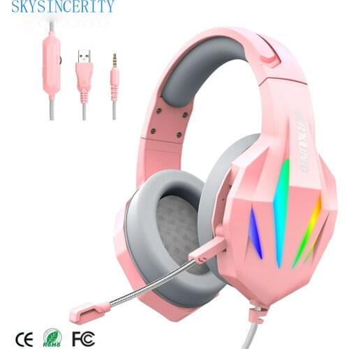 Pink computer Handphones luminous gaming headset girl mobile phone PS4 PS5 earphone HIFI stereo bass 3.5 mm plug with microphone