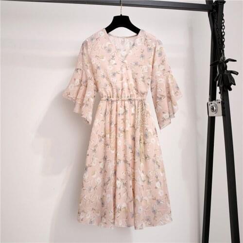 Spring Summer Chiffon Dress Women Knee Length V-Neck Print Dresses Sweet Ruffle Sleeeve Slim New Casual Drawstring Women Dress