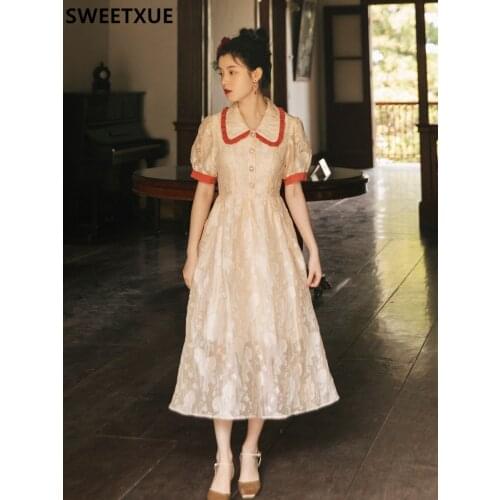 SWEETXUE Preppy Style Vintage Pan Peter Collar Dress Women Summer Fashion Romantic Fairy Party Elegant Dress Vestidos