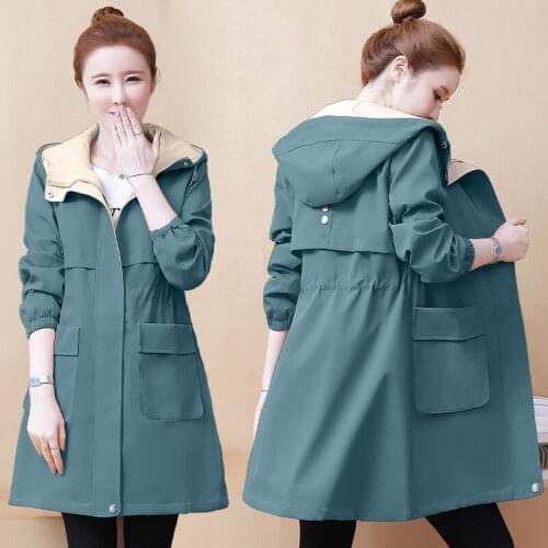 Female windbreaker 2020 spring autumn Korean loose hooded outwear solid color casual zipper womens trench coat Adjustable waist