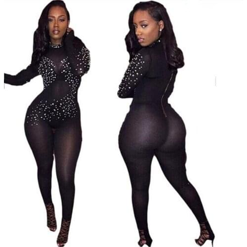 Women Mesh See Through Bodycon Jumpsuit Sexy Full Sleeve Crystal Sequin One Piece Playsuits Turtleneck Zipper Back Overalls