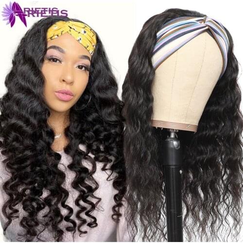 Arietis Glueless Loose Deep Wave Headband Wigs Brazilian Non Lace Scarf Wig Remy Human Hair Wigs for Women Beginner Friendly