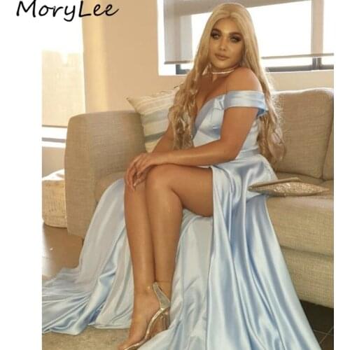 Prom Dresses Hot Off The Shoulder A-Line Side Slit Satin Pleated Prom Dresses With Zipper Back vestidos de fiesta de noche