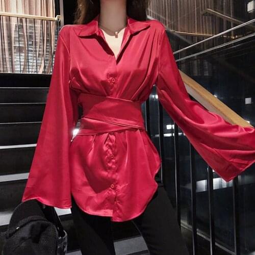 Satin Shirts Blouse Female Bow Collar Lantern Long Sleeve Elegant Fashion Shirt Women Spring Vintage Style for Office Party Club