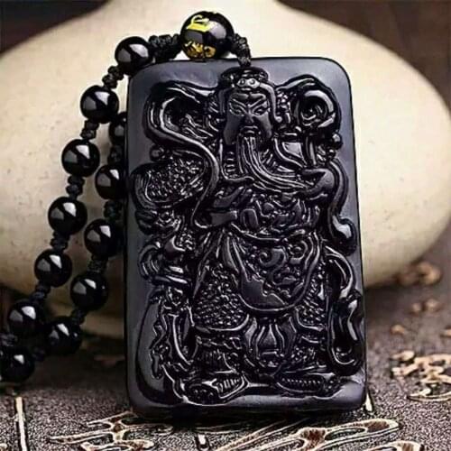 Free shipping Natural obsidian Wu mammon duke guan necklace pendant with rope