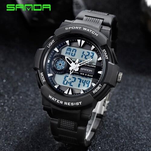 SANDA Men Watches Fashion Sport Super Cool Quartz LED Digital Watch 50M Waterproof Wristwatch Mens Clock Dual Time Chronograph