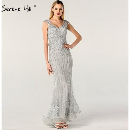 Dubai Design Grey V-Neck Luxury Evening Dresses Beading Pearls Cap Sleeve Sexy Evening Gowns 2020 Serene Hill LA60821