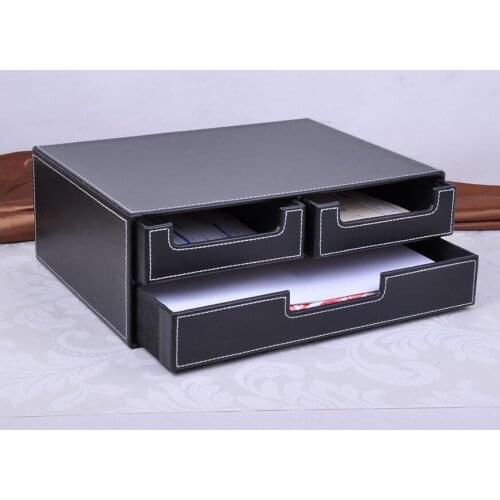 Double-layer 3-drawer leather desk file cabinet filing box container organizer storage box brown 218B