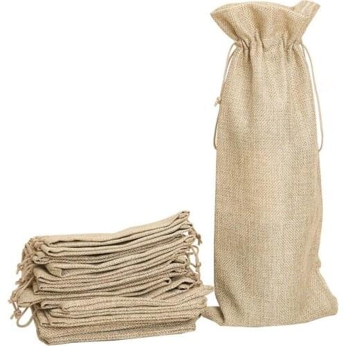 10pcs Jute Wine Bags, 14 x 6 1/4 inches Hessian Wine Bottle Gift Bags with Drawstring-HOT